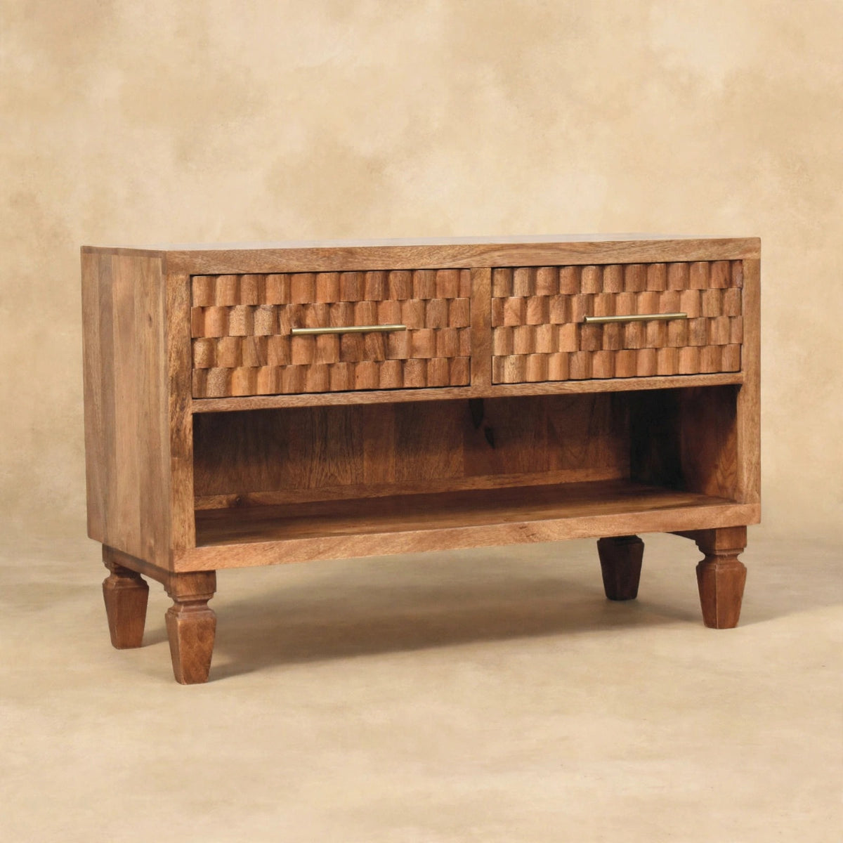 Shoe cabinet with an open lower shelf and upper drawers in a home interior