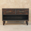 Velvet Mocha shoe storage bench with open lower shelf and upper drawers in a styled room