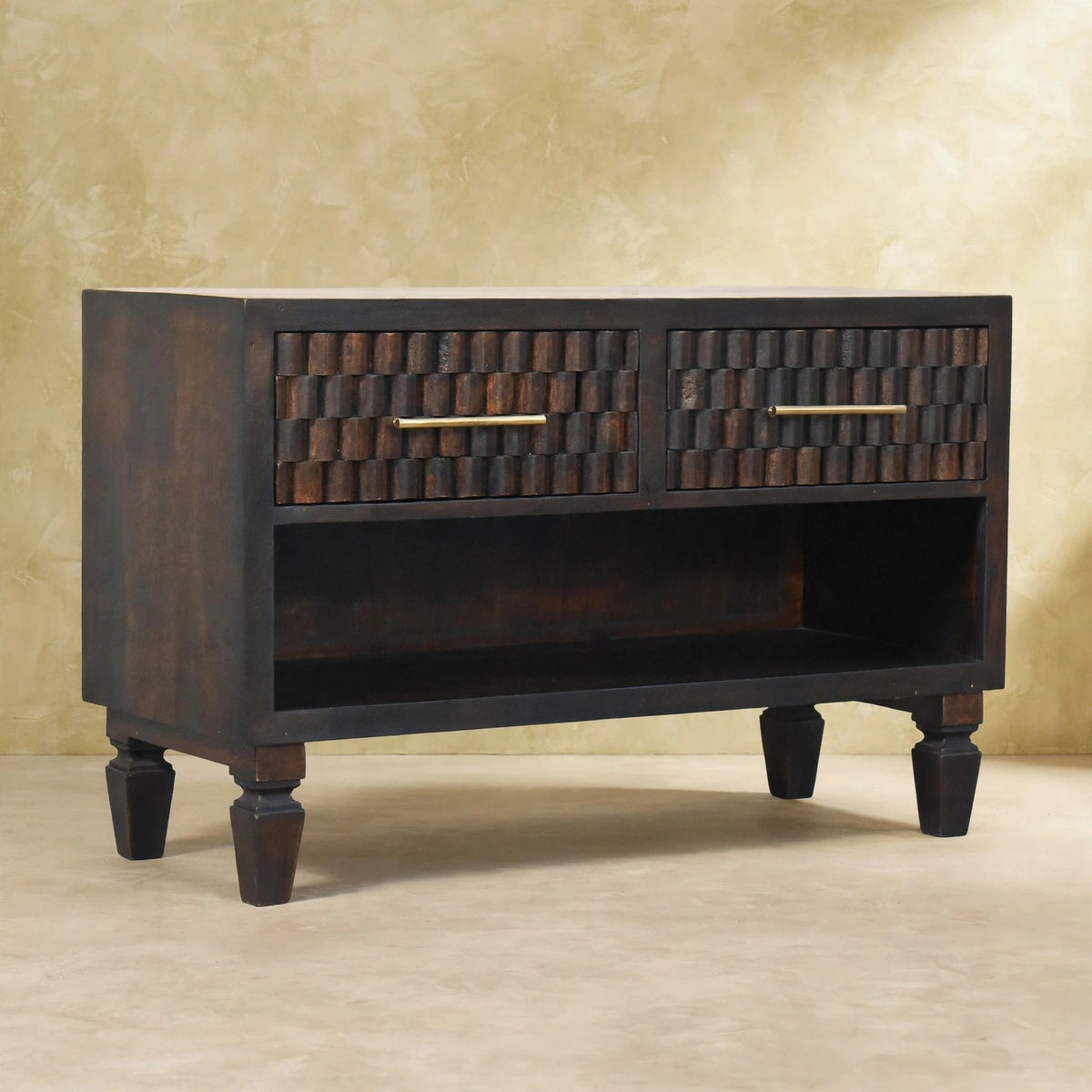 Shoe storage bench with shoes stored in the open lower compartment