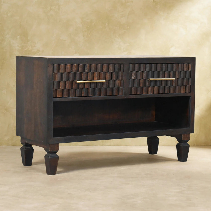 Shoe storage bench with shoes stored in the open lower compartment