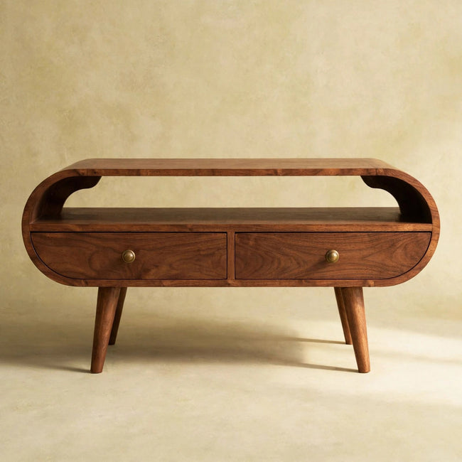 Solid mango wood circular media unit with curved edges beside a sofa