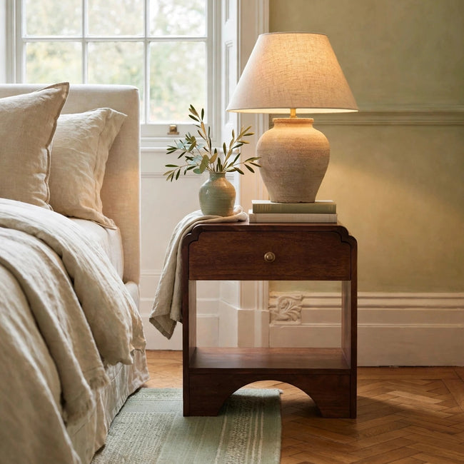 California Walnut Newton bedside table in a bedroom setting