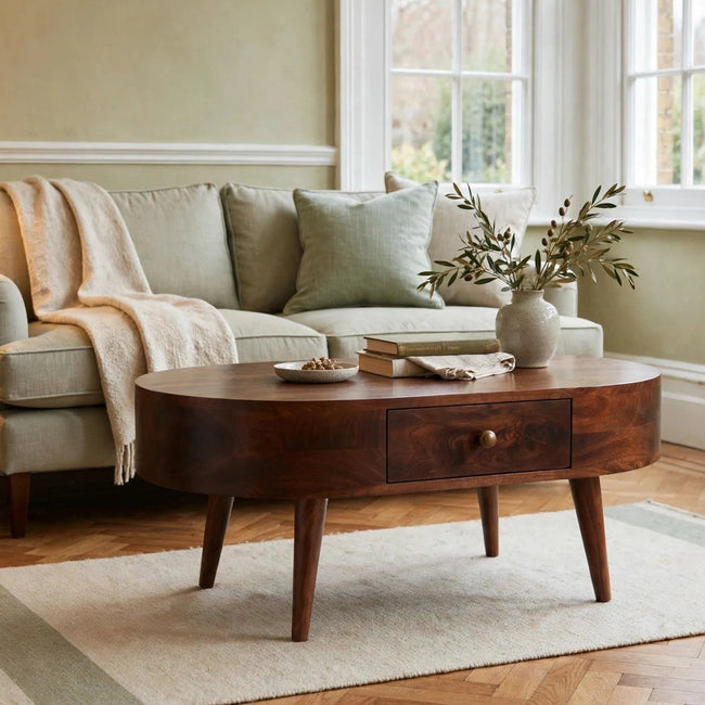 Rounded solid mango wood coffee table in a California walnut finish, shown in a living room