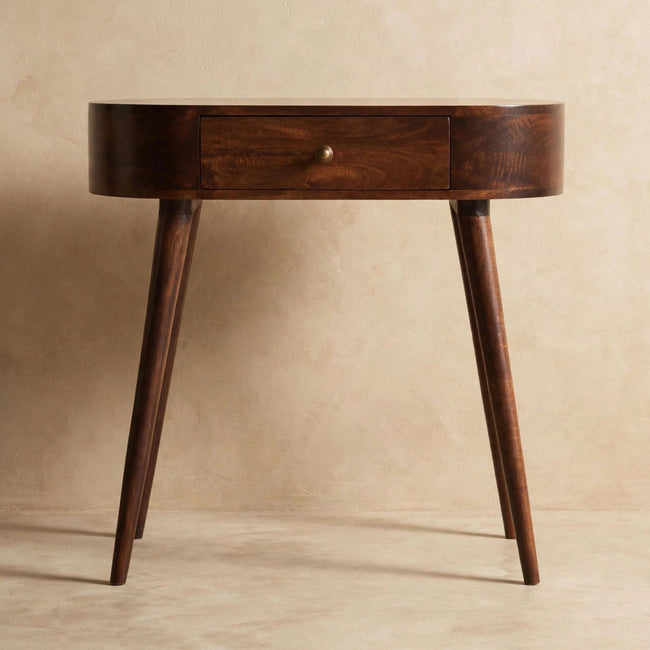Rounded-edge mango wood console table with Nordic style legs styled in a hallway