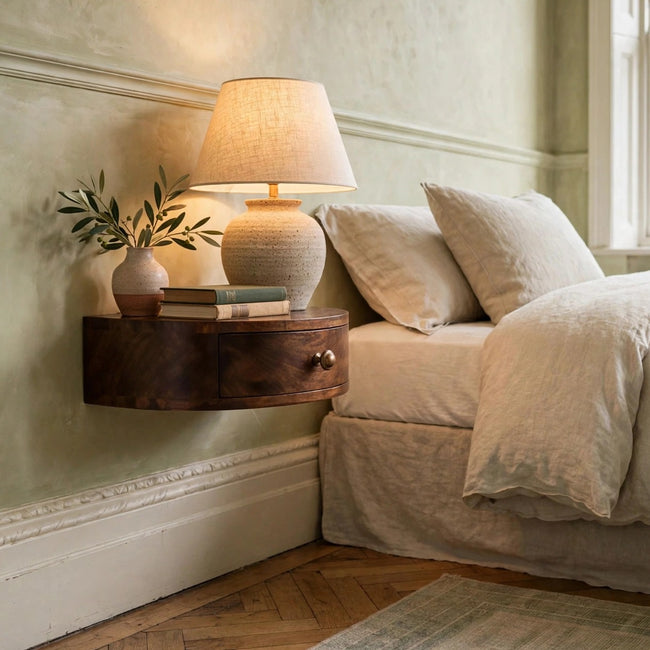 Rounded walnut-finish wall mounted bedside table with a drawer, shown in a bedroom setting