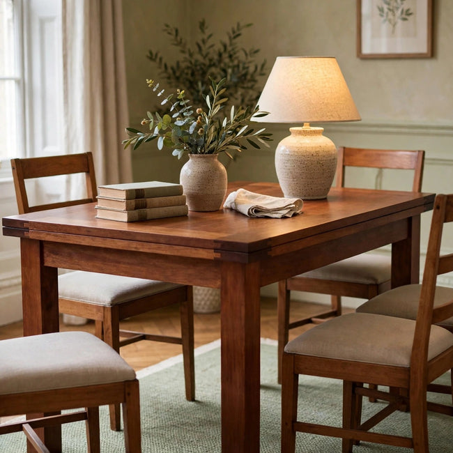 Chestnut butterfly dining table in solid mango wood in a dining room