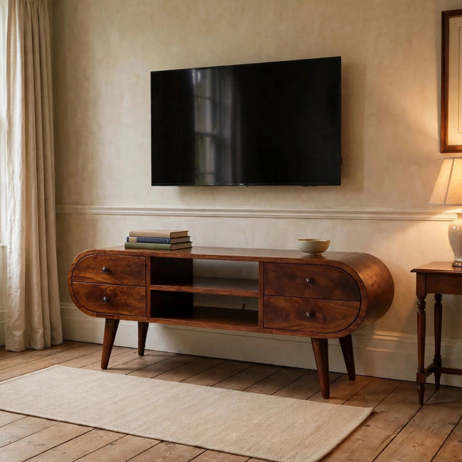 Chestnut circular mango wood TV stand with two drawers in a living room