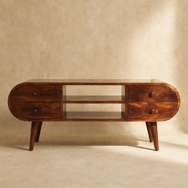 Front view of the chestnut circular TV stand with shiny drawer knobs and an open slot