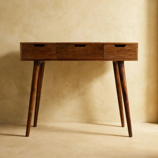 Chestnut dressing table with foldable mirror, two drawers and Nordic-style legs