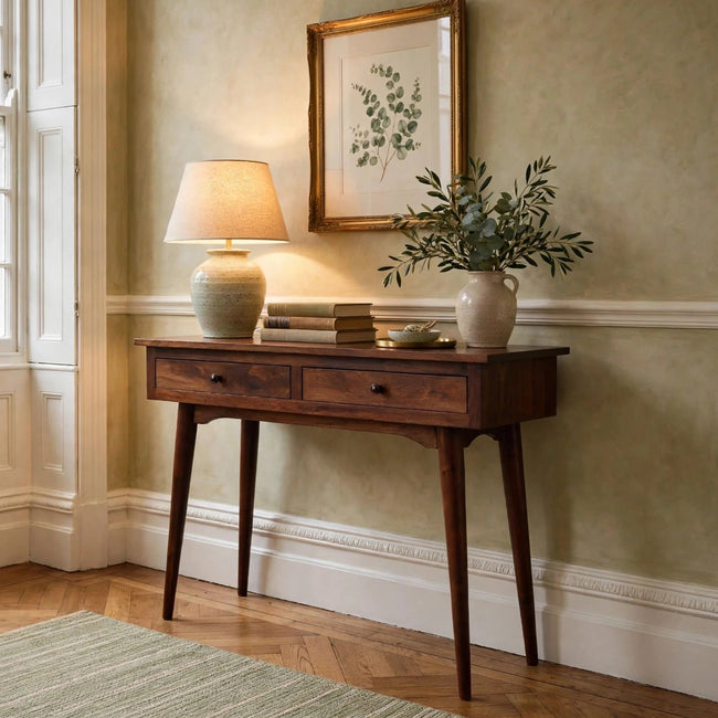 Chestnut two drawer console table in solid mango wood styled in a hallway