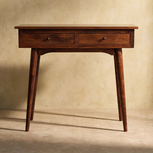 Front view of the chestnut console table showing two drawers with shiny knobs