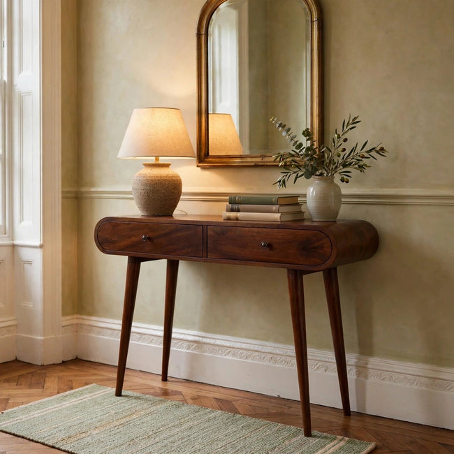 Chestnut London console table in solid mango wood, shown in a room setting