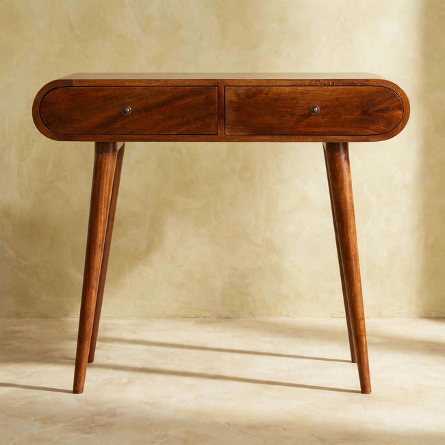 Front view of the chestnut console table with two drawers and metal-style knobs