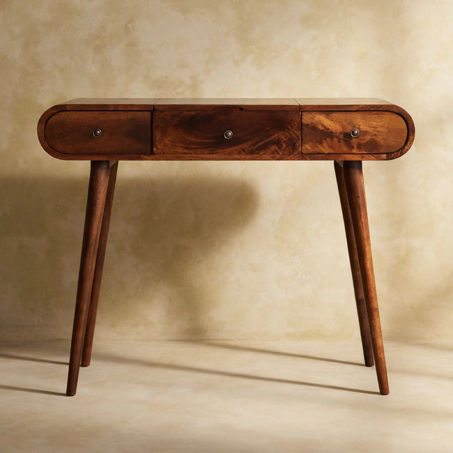 Chestnut dressing table with foldable mirror and Nordic style legs in a styled room