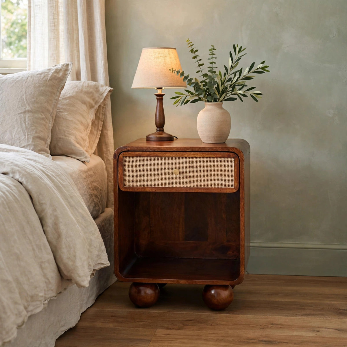 Woven bedside table with one drawer styled in a bedroom
