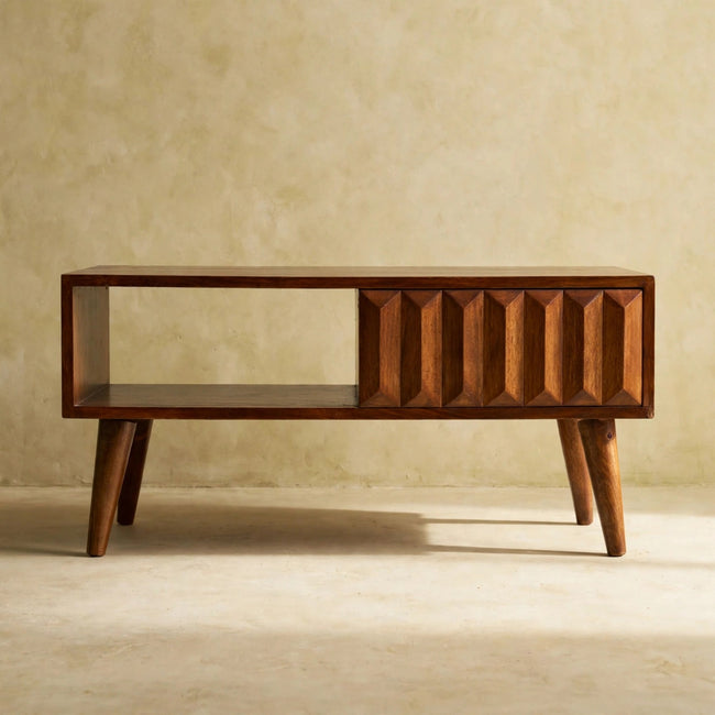 Chestnut Prism sliding media unit on Nordic-style legs in a styled room