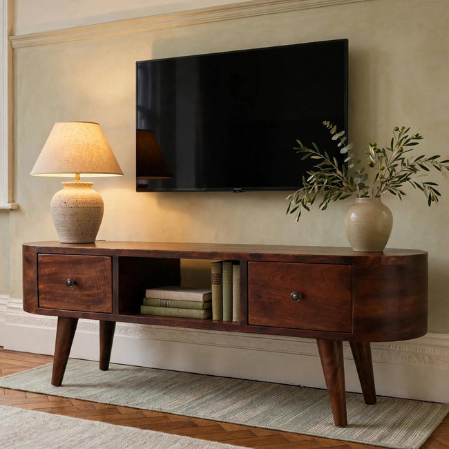 Chestnut round open media unit in solid mango wood styled in a living room