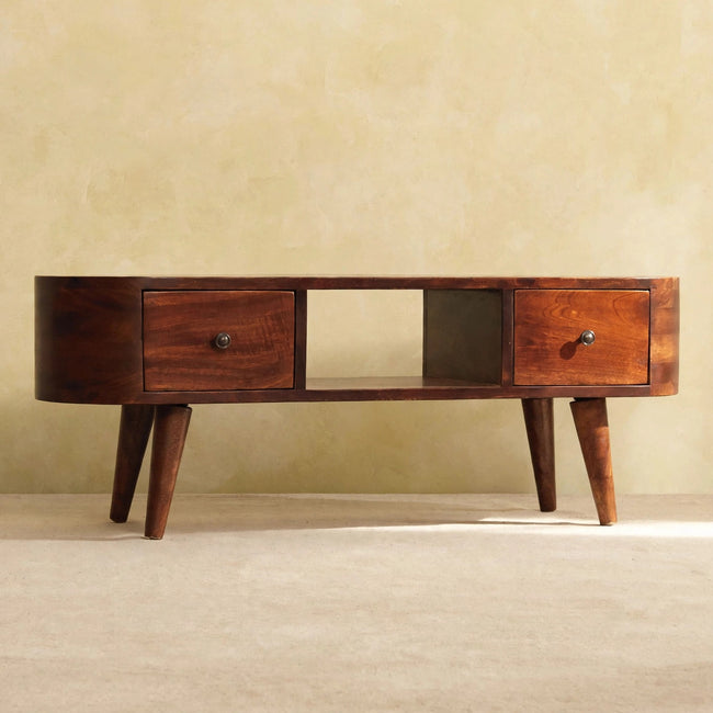 Chestnut mango wood media unit with rounded edges and two drawers with brass knobs