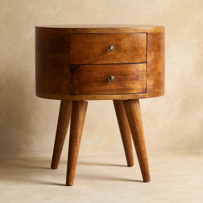 Front view of the chestnut bedside table with two mini drawers and metal knobs
