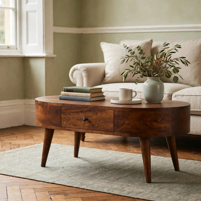 Chestnut rounded solid mango wood coffee table styled in a living room