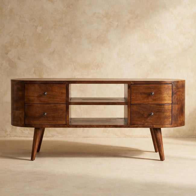 Front view of the chestnut media unit showing four drawers with shiny knobs