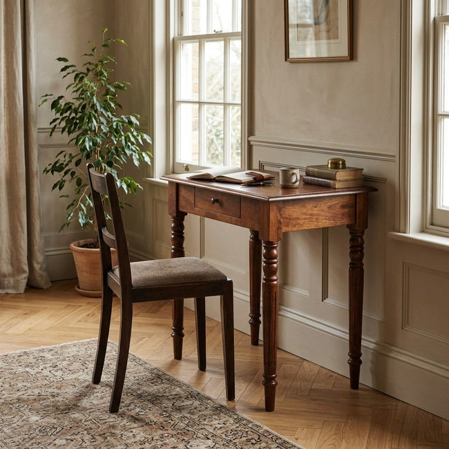 Chestnut solid mango wood writing desk with one drawer and fluted legs, styled in a room