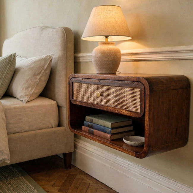 Chestnut wall mounted woven bedside table in solid mango wood, shown in a bedroom