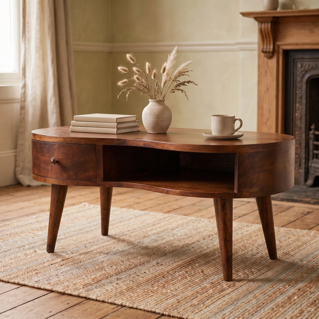 Chestnut Wave solid mango wood coffee table in a living room setting
