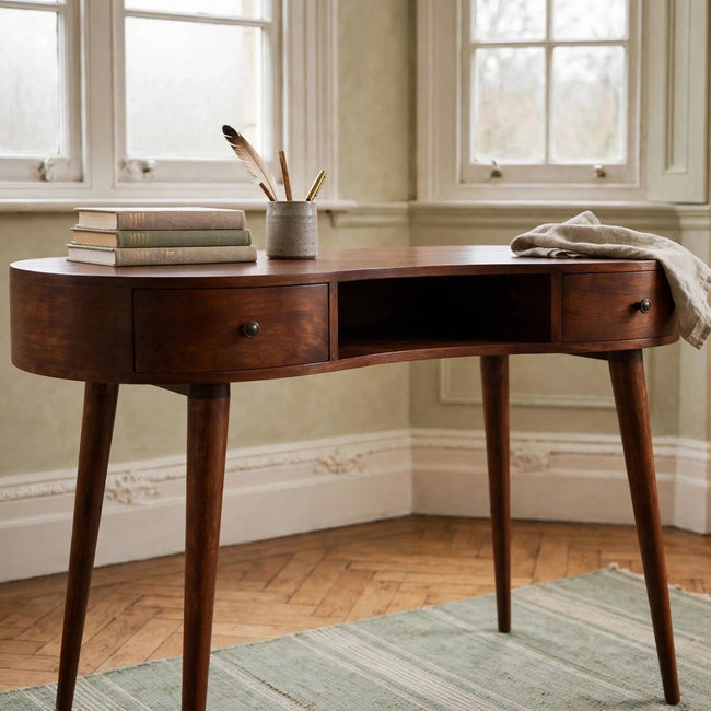 Chestnut Wave solid mango wood writing desk with rounded edges set up in a room