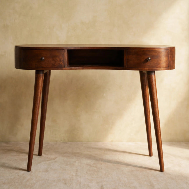 Chestnut-finish writing desk with two mini drawers and shiny knobs in a home study