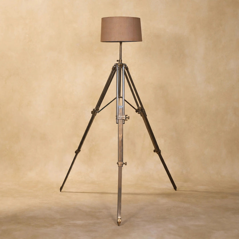 Neutral lampshade on the chrome tripod lamp, seen from a different angle
