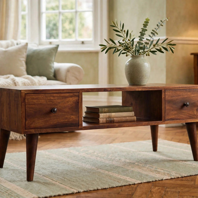 Chestnut solid mango wood coffee table with brass knobs in a living room setting