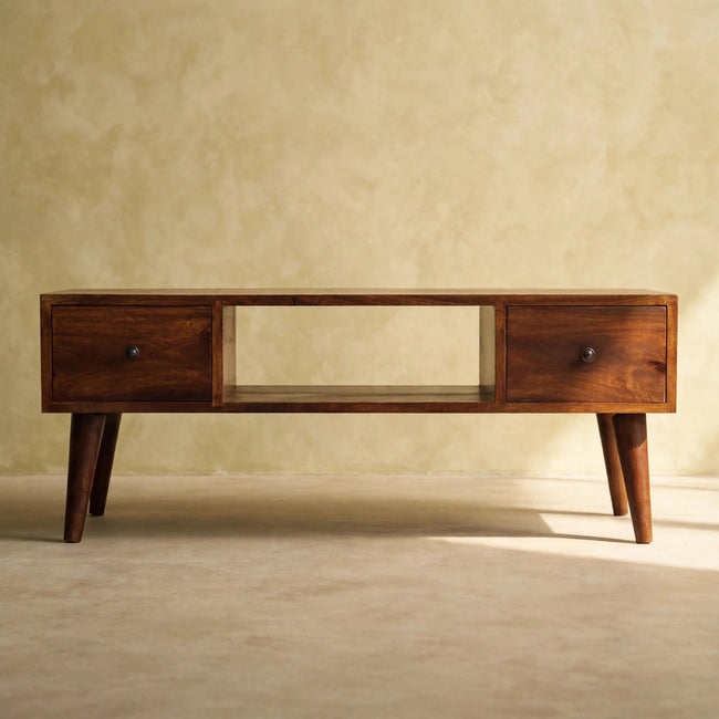 Front view of the chestnut coffee table showing two brass knobs and two open storage slots