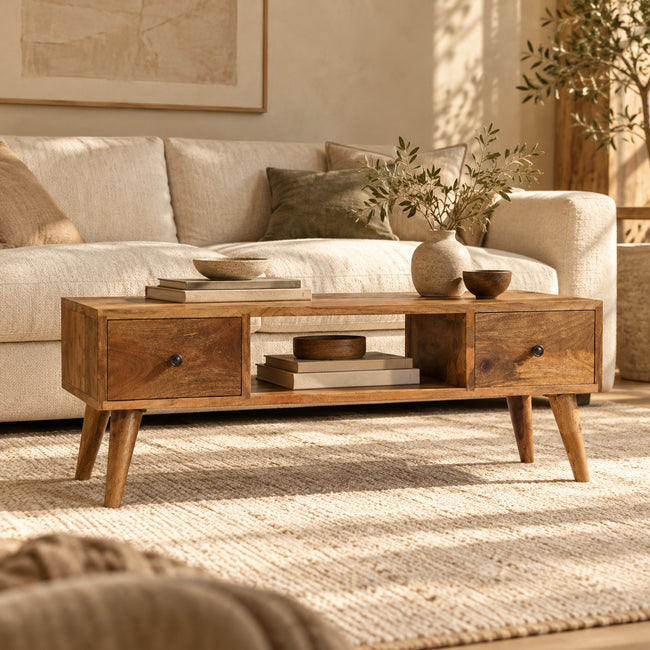 Oak-ish solid mango wood coffee table with brass knobs in a living room