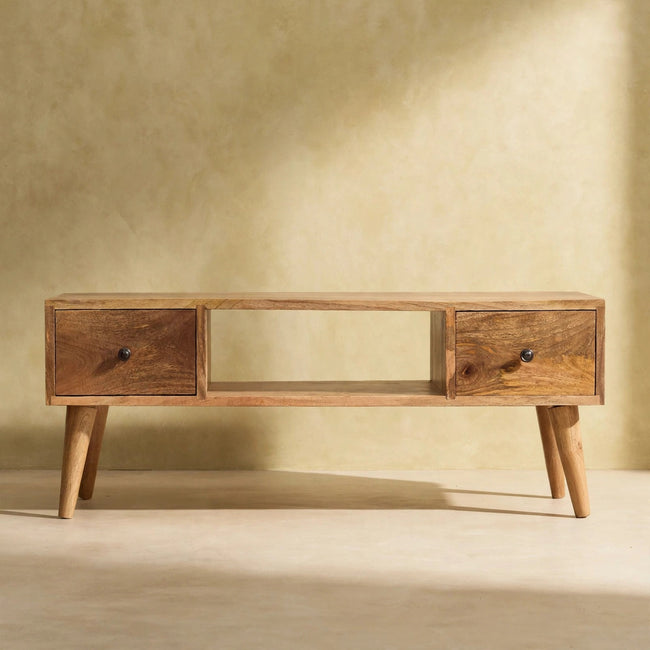 Front view of a low rectangular mango wood coffee table with two open storage slots