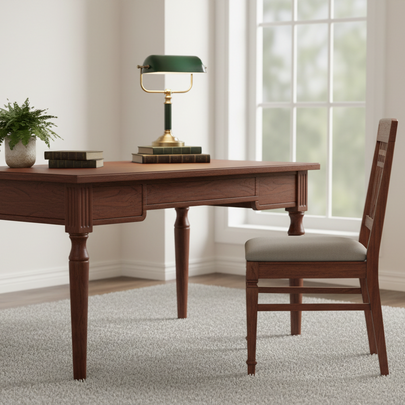A mid-century modern wooden writing desk paired with a matching wooden chair featuring a light beige upholstered seat, set in a bright room with a window, rug, and decorative items on the desk.