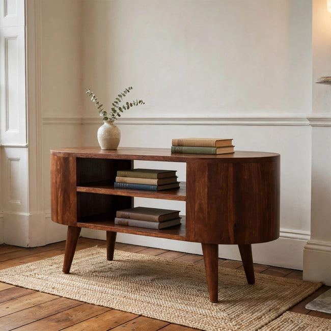 Cortez chestnut solid mango wood media unit styled in a living room