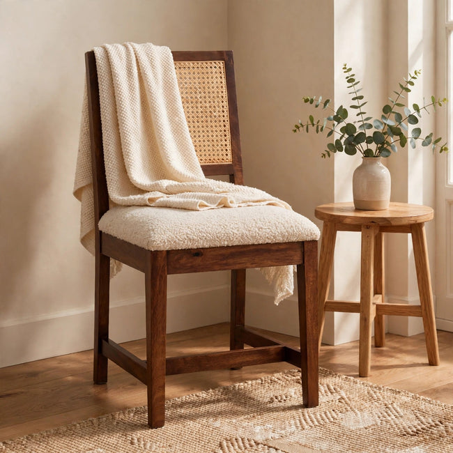 Cream boucle rattan chair with a chestnut mango wood frame in a living room