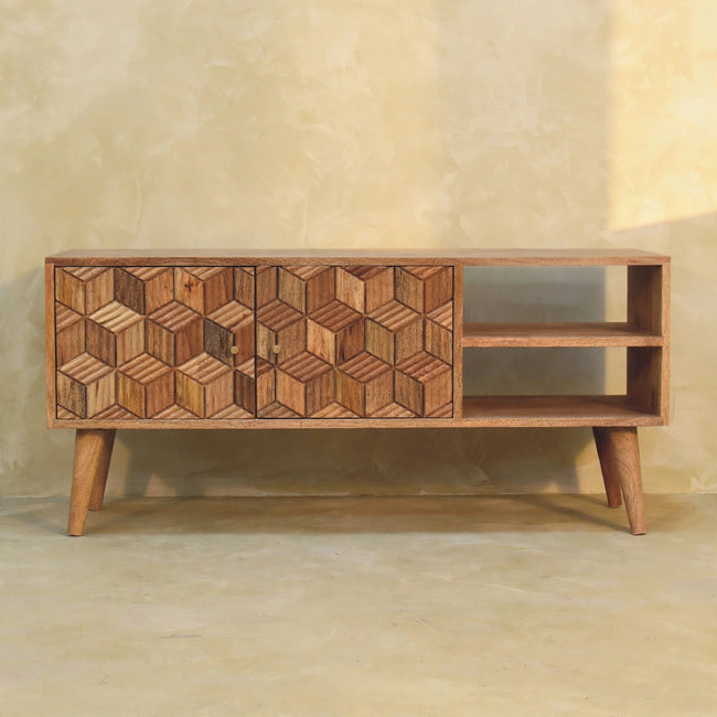 Cubana media unit showing cubed carved door fronts and metal knobs