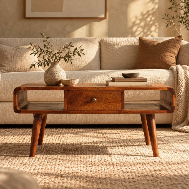 Curved chestnut mango wood coffee table with two drawers in a living room