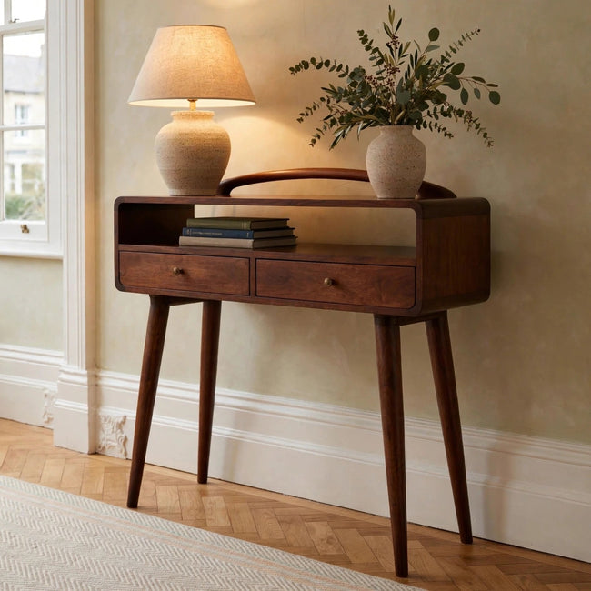 Chestnut solid mango wood console table with two drawers in a hallway setting