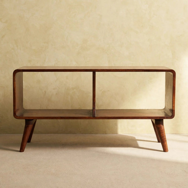 Front view of the chestnut double slot media unit showing its curved edges