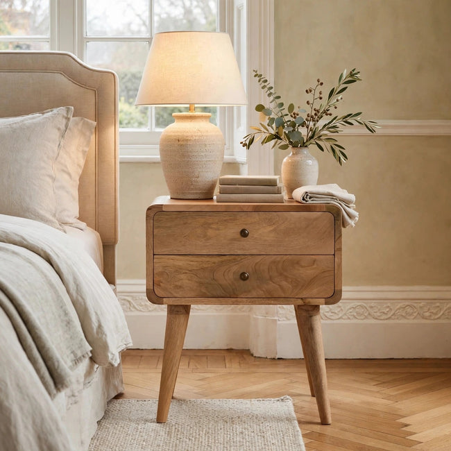 Curved oak-ish bedside table with two drawers in a bedroom setting