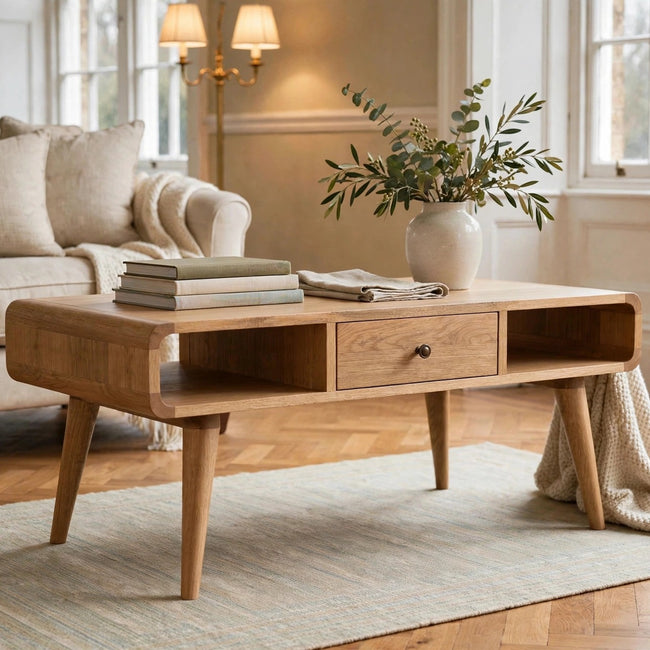 Curved solid mango wood coffee table with an oak-like finish in a living room
