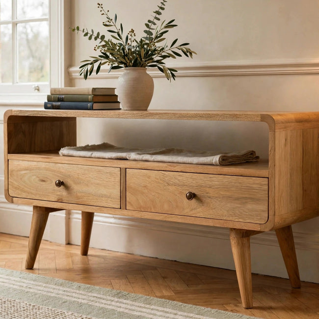 Curved Oak-ish solid mango wood media unit styled in a living room
