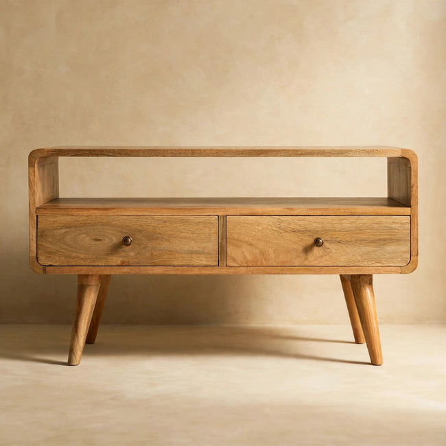 Oak-ish finish media unit with two drawers and an open slot in a room setting