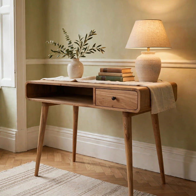 Curved oak-ish mango wood writing desk with a drawer and brass knob in a room setting