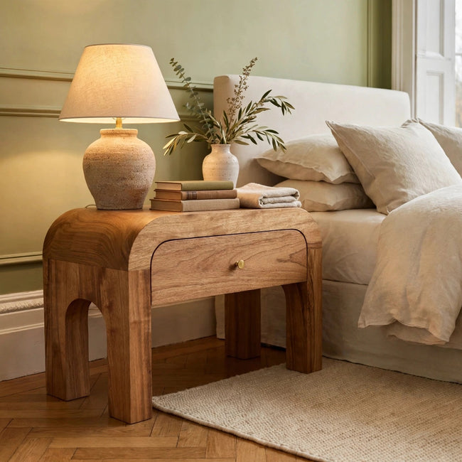 Darcy solid mango wood bedside table with a small drawer and brass knob, styled in a bedroom