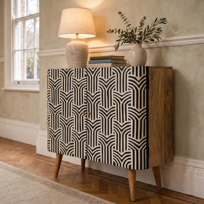 Edessa bone inlay cabinet in solid mango wood styled in a living room