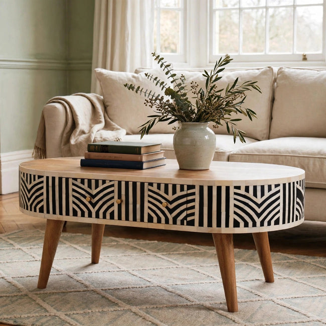 Edessa bone inlay coffee table in solid mango wood styled in a living room